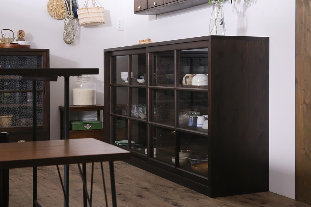 【オーダー注文・受注生産商品】ラフジュ工房オリジナル　ヒノキ無垢材・ヒバ材　当店オリジナルガラス入り　重ね戸棚(食器棚、収納棚)