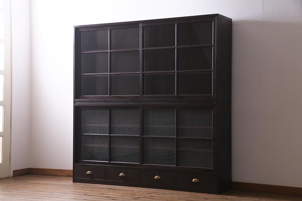 【オーダー注文・受注生産商品】ラフジュ工房オリジナル　ヒノキ無垢材・ヒバ材　当店オリジナルガラス入り　重ね戸棚(食器棚、収納棚)