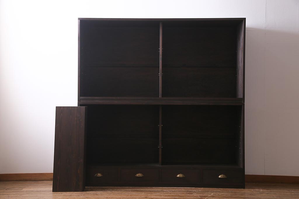 【オーダー注文・受注生産商品】ラフジュ工房オリジナル　ヒノキ無垢材・ヒバ材　当店オリジナルガラス入り　重ね戸棚(食器棚、収納棚)