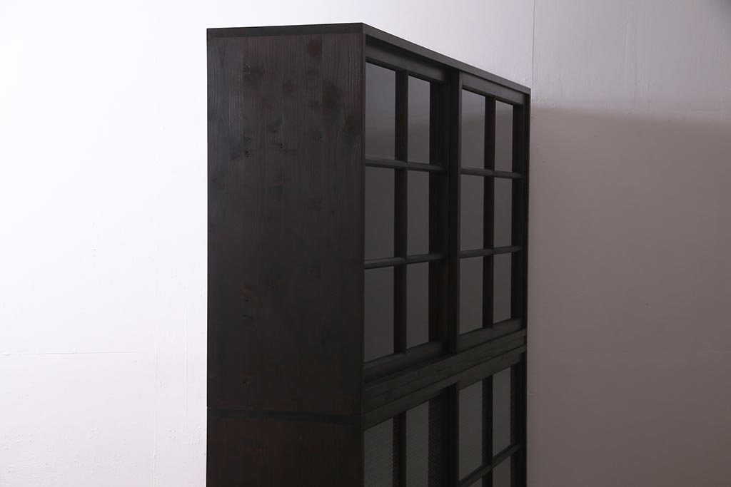 【オーダー注文・受注生産商品】ラフジュ工房オリジナル　ヒノキ無垢材・ヒバ材　当店オリジナルガラス入り　重ね戸棚(食器棚、収納棚)