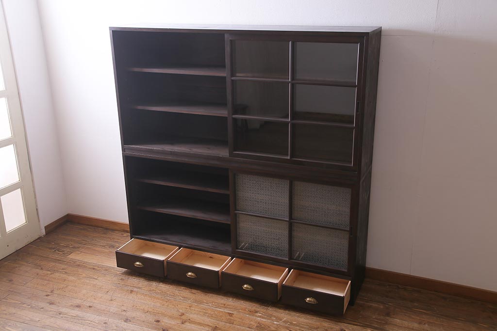 【オーダー注文・受注生産商品】ラフジュ工房オリジナル　ヒノキ無垢材・ヒバ材　当店オリジナルガラス入り　重ね戸棚(食器棚、収納棚)