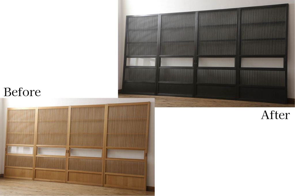【セミオーダー家具実例】格子戸に高品質リペアを施しました。設置場所に合わせ高さをリサイズし、麻の葉ガラスに交換し、当店商品を参考に着色して仕上げました。(引き戸、ガラス帯戸、建具)