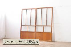 アンティーク建具　総欅(ケヤキ)材　美しく流れるような杢目が目を惹くマス目格子蔵戸1枚(きつね格子、狐格子、玄関戸、玄関ドア、引き戸、枡格子、格子戸、マス目、升目)(R-074198)
