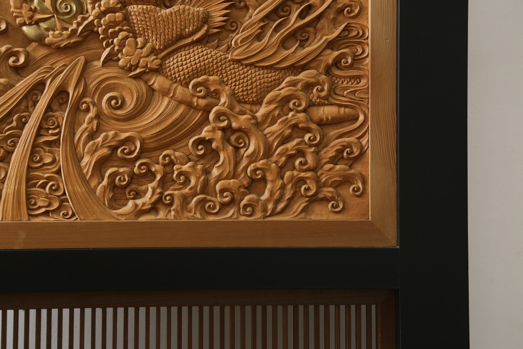 和製ビンテージ　美品!!　大迫力!!　秀峰作　緻密な龍と牡丹(ボタン)の彫刻が目を惹く衝立て(パーテーション、衝い立て、つい立て、間仕切り、ヴィンテージ)(製作費約200万円)(R-081254)
