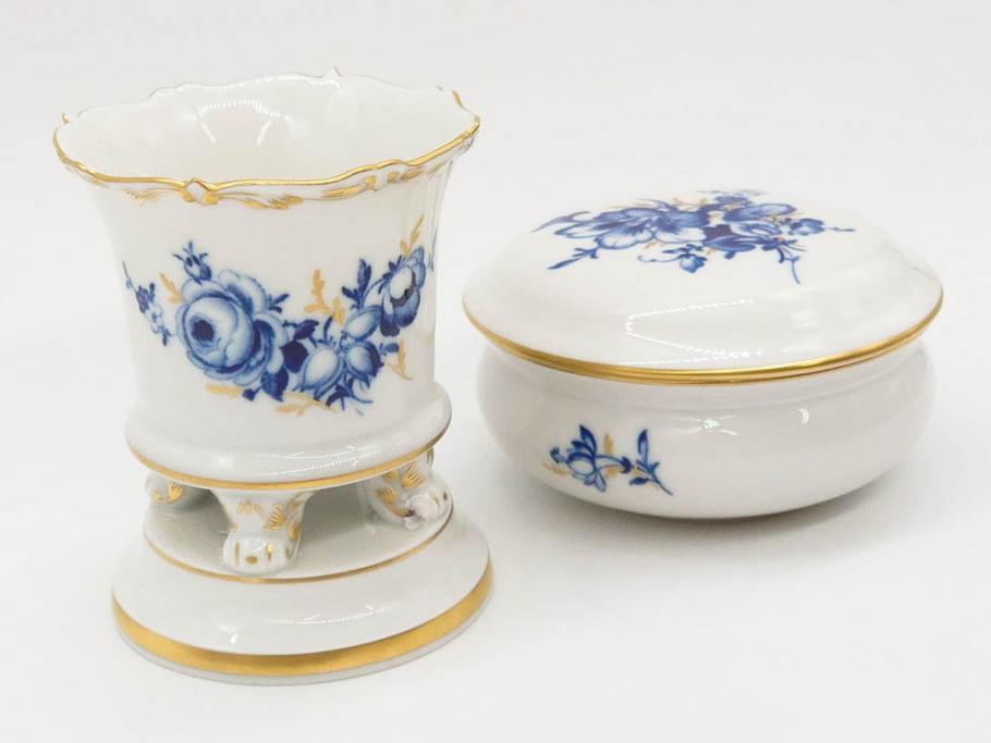 ドイツ　マイセン　Meissen　金彩　ブルーフラワー　青い花と昆虫　藍色の濃淡で表現されたデザインが素敵なベース&小物入れ(花瓶、ミニベース、花入れ、蓋物、ボンボニエール、キャンディーポット)(R-074977)