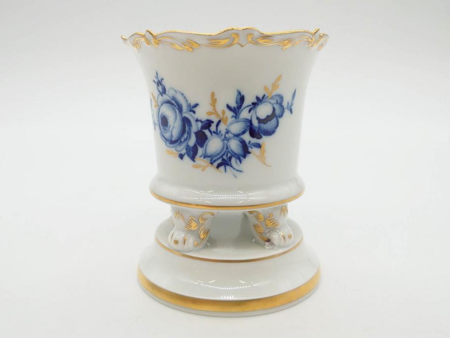 ドイツ　マイセン　Meissen　金彩　ブルーフラワー　青い花と昆虫　藍色の濃淡で表現されたデザインが素敵なベース&小物入れ(花瓶、ミニベース、花入れ、蓋物、ボンボニエール、キャンディーポット)(R-074977)