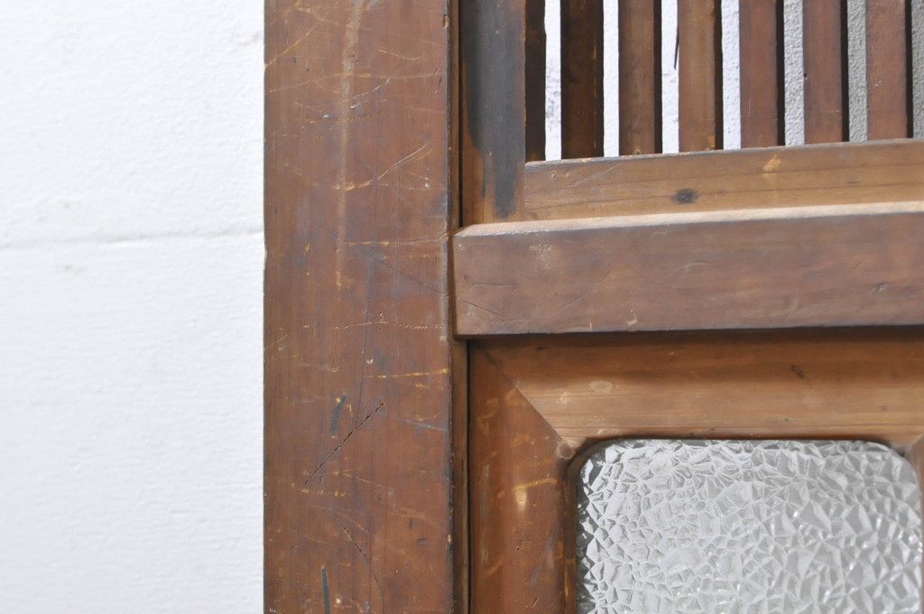 アンティーク建具　珍しい造りのガラス帯が目を惹く風情のある裏障子付き格子戸3枚セット(引き戸、障子戸、ガラス帯戸)(R-073505)