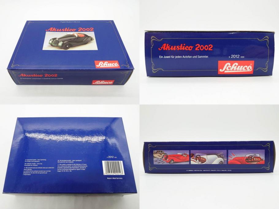 Schuco(シュコー)　Akustico 2002/Examico 4001(4011)/BMW 327 coupe 1/18/Studio IV Bugatti　おもちゃ4点セット(Edition、Classic、ブガッティ、クーペ、エグザミコ、ゼンマイ、ブリキ、玩具、車、外箱付き)(R-080764)