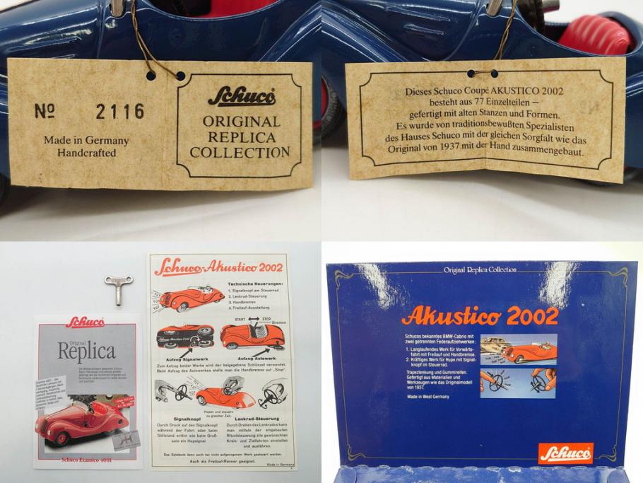 Schuco(シュコー)　Akustico 2002/Examico 4001(4011)/BMW 327 coupe 1/18/Studio IV Bugatti　おもちゃ4点セット(Edition、Classic、ブガッティ、クーペ、エグザミコ、ゼンマイ、ブリキ、玩具、車、外箱付き)(R-080764)