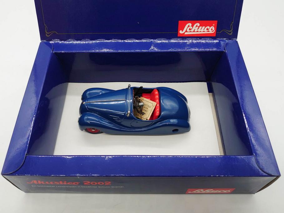 Schuco(シュコー)　Akustico 2002/Examico 4001(4011)/BMW 327 coupe 1/18/Studio IV Bugatti　おもちゃ4点セット(Edition、Classic、ブガッティ、クーペ、エグザミコ、ゼンマイ、ブリキ、玩具、車、外箱付き)(R-080764)