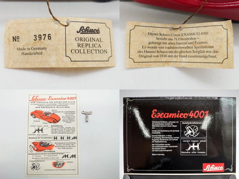Schuco(シュコー)　Akustico 2002/Examico 4001(4011)/BMW 327 coupe 1/18/Studio IV Bugatti　おもちゃ4点セット(Edition、Classic、ブガッティ、クーペ、エグザミコ、ゼンマイ、ブリキ、玩具、車、外箱付き)(R-080764)