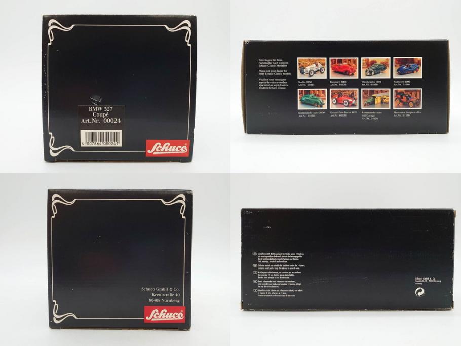 Schuco(シュコー)　Akustico 2002/Examico 4001(4011)/BMW 327 coupe 1/18/Studio IV Bugatti　おもちゃ4点セット(Edition、Classic、ブガッティ、クーペ、エグザミコ、ゼンマイ、ブリキ、玩具、車、外箱付き)(R-080764)
