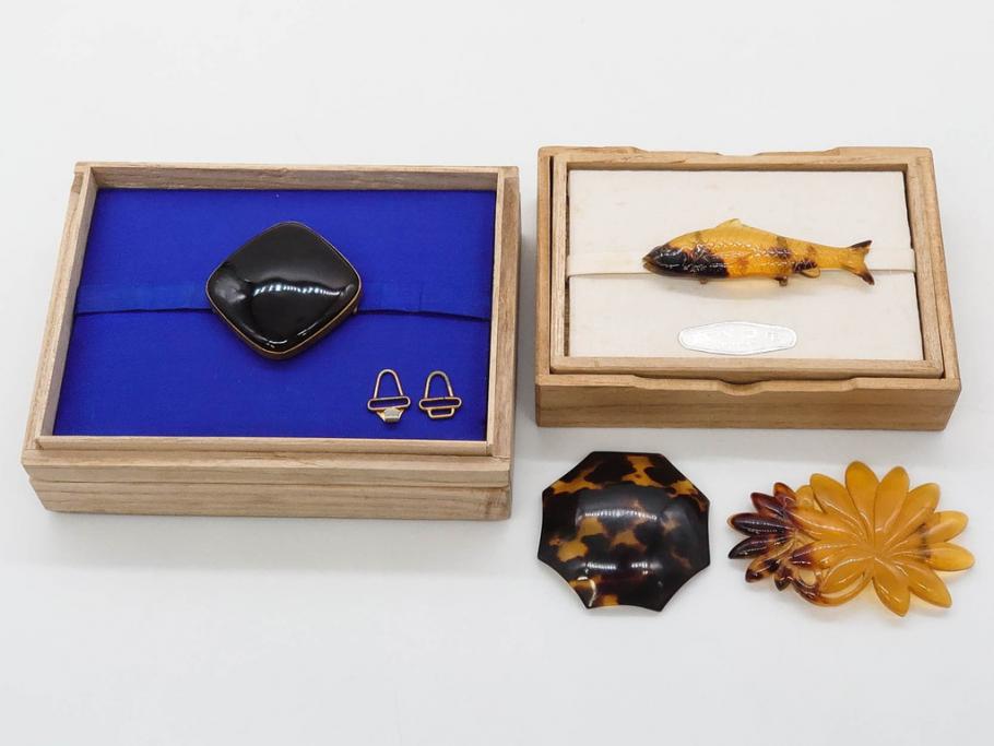 帯留 鯉 鼈甲蒔絵 久光 青貝螺鈿 金蒔絵 本べっ甲 在銘 美品