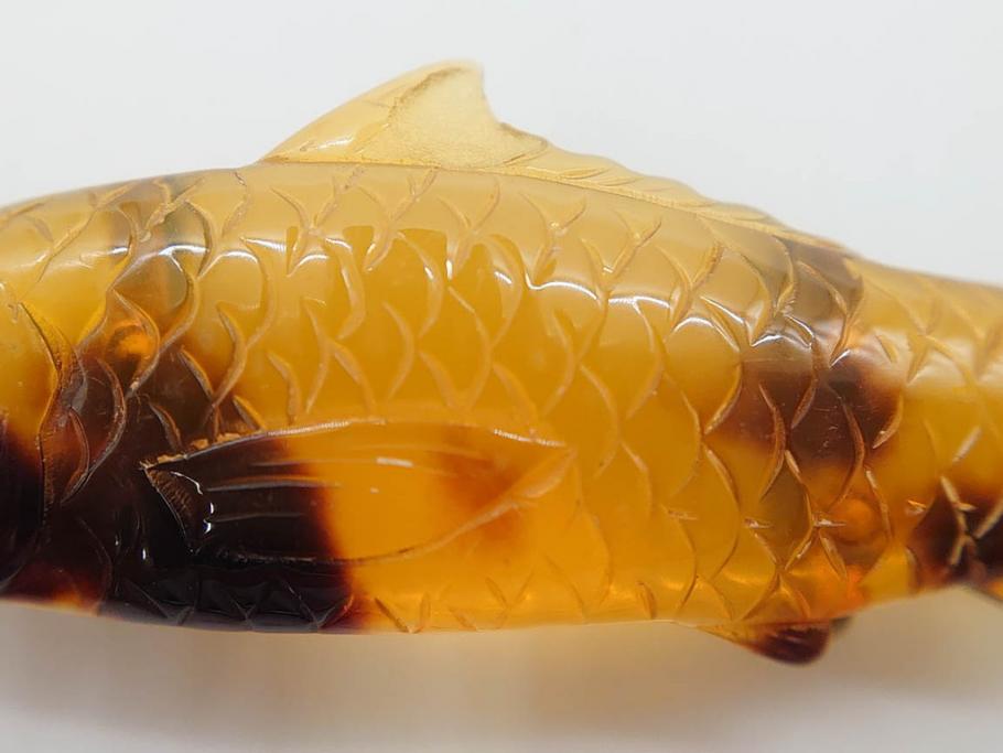 アンティーク　時代物　べっ甲(鼈甲)　美しい艶が魅力の帯留4点セット(魚、鯉、花、帯留め、着物道具、和装小物、アクセサリー、共箱付き)(R-081007)