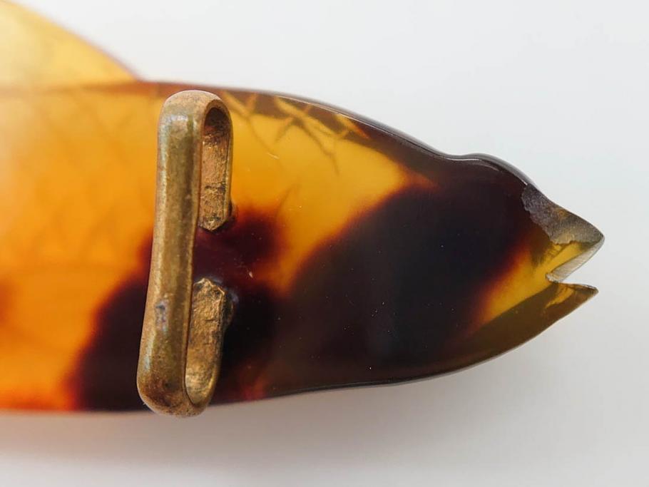 アンティーク　時代物　べっ甲(鼈甲)　美しい艶が魅力の帯留4点セット(魚、鯉、花、帯留め、着物道具、和装小物、アクセサリー、共箱付き)(R-081007)