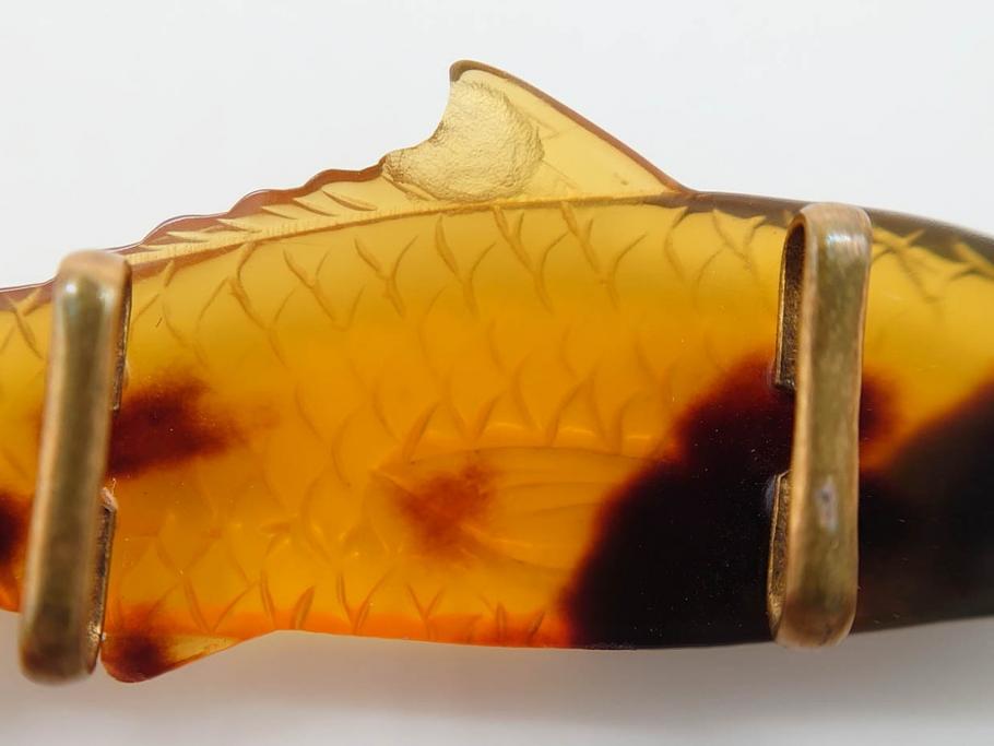アンティーク　時代物　べっ甲(鼈甲)　美しい艶が魅力の帯留4点セット(魚、鯉、花、帯留め、着物道具、和装小物、アクセサリー、共箱付き)(R-081007)