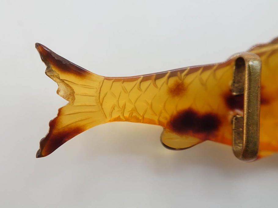 アンティーク　時代物　べっ甲(鼈甲)　美しい艶が魅力の帯留4点セット(魚、鯉、花、帯留め、着物道具、和装小物、アクセサリー、共箱付き)(R-081007)