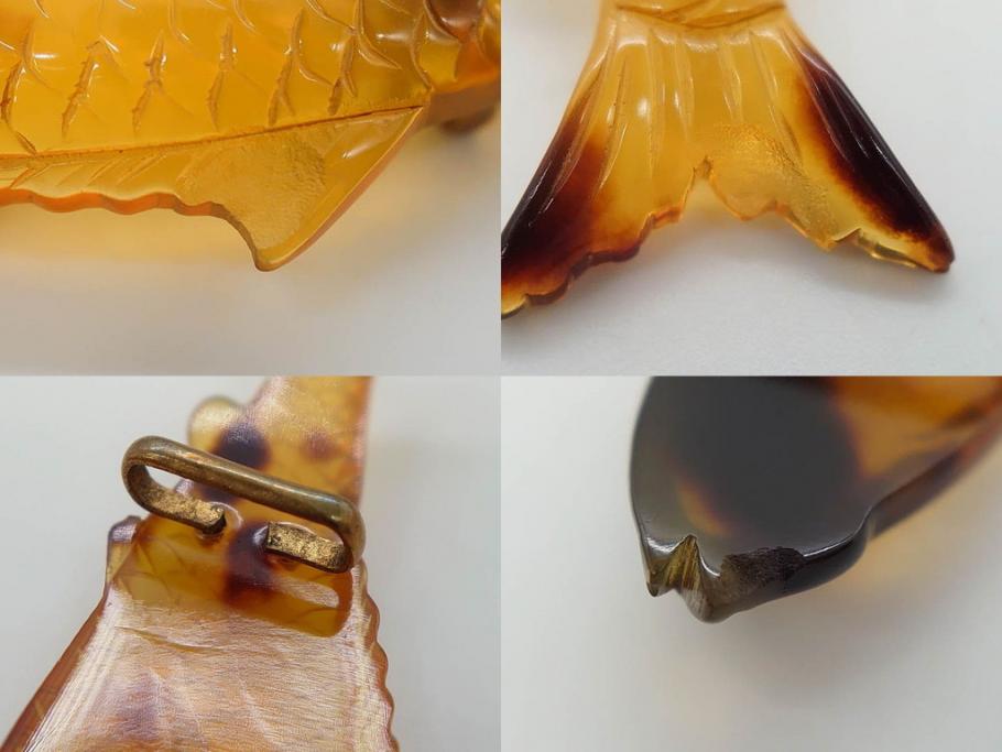 アンティーク　時代物　べっ甲(鼈甲)　美しい艶が魅力の帯留4点セット(魚、鯉、花、帯留め、着物道具、和装小物、アクセサリー、共箱付き)(R-081007)