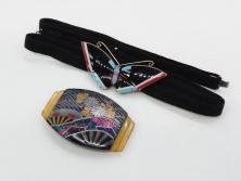 アンティーク　時代物　螺鈿細工　べっ甲(鼈甲)　オパール　上品な雰囲気の帯留2点セット(蝶、花、菊、扇、帯締め、帯留め、着物道具、和装小物、アクセサリー)(R-081011)