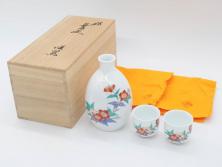 和製アンティーク　江戸期　成化年製　染付三色ねじり文蓋付茶碗3客セット(和食器)