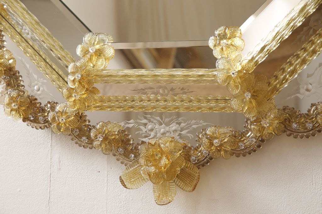 高級品　希少　イタリアビンテージ　可憐なフラワーグラスのウォールミラー(壁掛け鏡、ヴィンテージ)(R-056632)