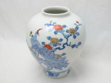酒井田柿右衛門　花鳥文　孔雀　牡丹　花瓶(花器、花入れ、フラワーベース)(R-062689)