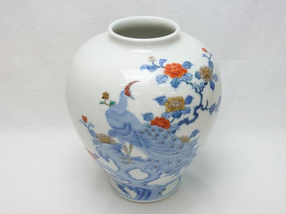 酒井田柿右衛門　花鳥文　孔雀　牡丹　花瓶(花器、花入れ、フラワーベース)(R-062689)