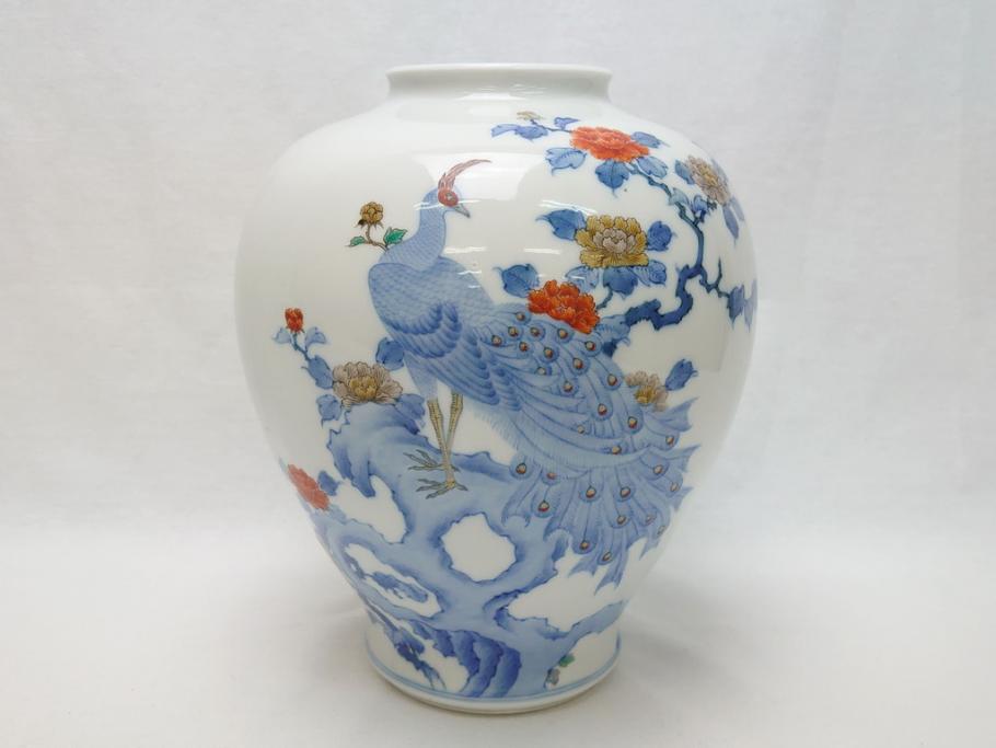酒井田柿右衛門　花鳥文　孔雀　牡丹　花瓶(花器、花入れ、フラワーベース)(R-062689)
