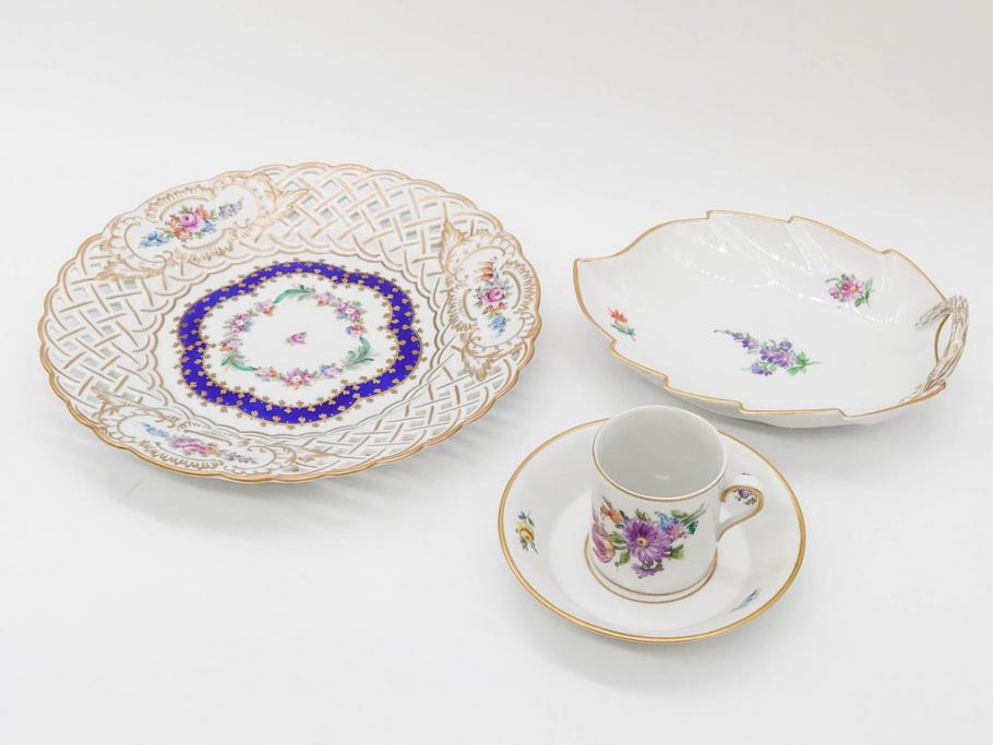 ドイツ　Dresden(ドレスデン)　カール・ティーメ工房　金彩　透かし　花柄　リーフプレート　デミタスカップ&ソーサー　煌びやかで麗しいプレート2枚&C&Sセット(フラワー、ディッシュ、中皿、変形皿、洋食器)(R-081213)