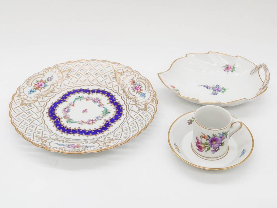 ドイツ　Dresden(ドレスデン)　カール・ティーメ工房　金彩　透かし　花柄　リーフプレート　デミタスカップ&ソーサー　煌びやかで麗しいプレート2枚&C&Sセット(フラワー、ディッシュ、中皿、変形皿、洋食器)(R-081213)