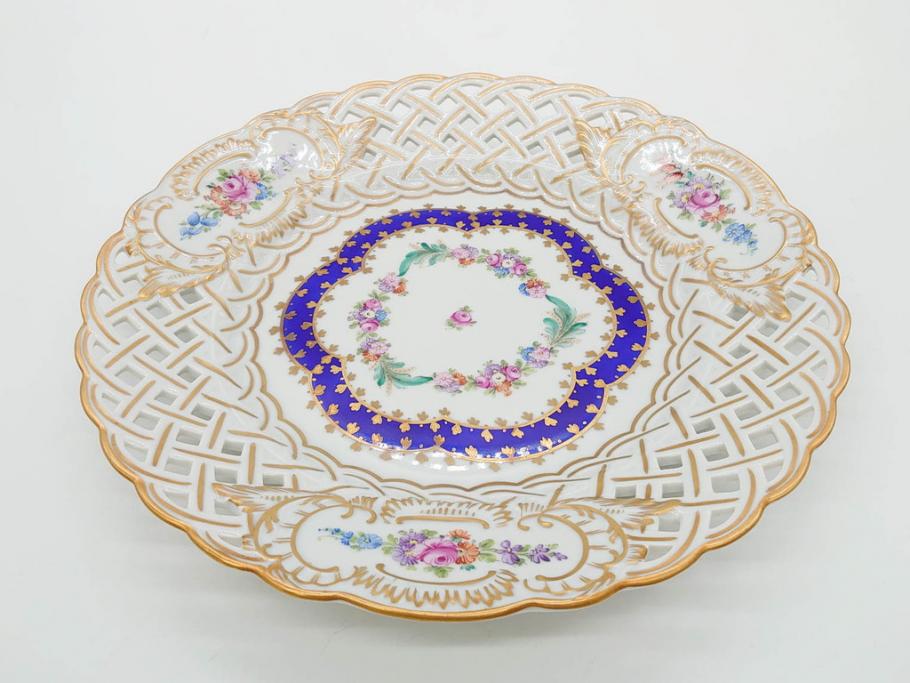 ドイツ　Dresden(ドレスデン)　カール・ティーメ工房　金彩　透かし　花柄　リーフプレート　デミタスカップ&ソーサー　煌びやかで麗しいプレート2枚&C&Sセット(フラワー、ディッシュ、中皿、変形皿、洋食器)(R-081213)