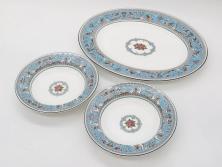 イギリス　WEDGWOOD(ウェッジウッド)　FLORENTINE TURQUOISE(フロレンティーン ターコイズ)　オーバルディッシュ　スーププレート　威風堂々としたデザインが見事なプレート3枚セット(グロテスク文様、フルーツ、果物、大皿、洋食器、英国)(R-081214)