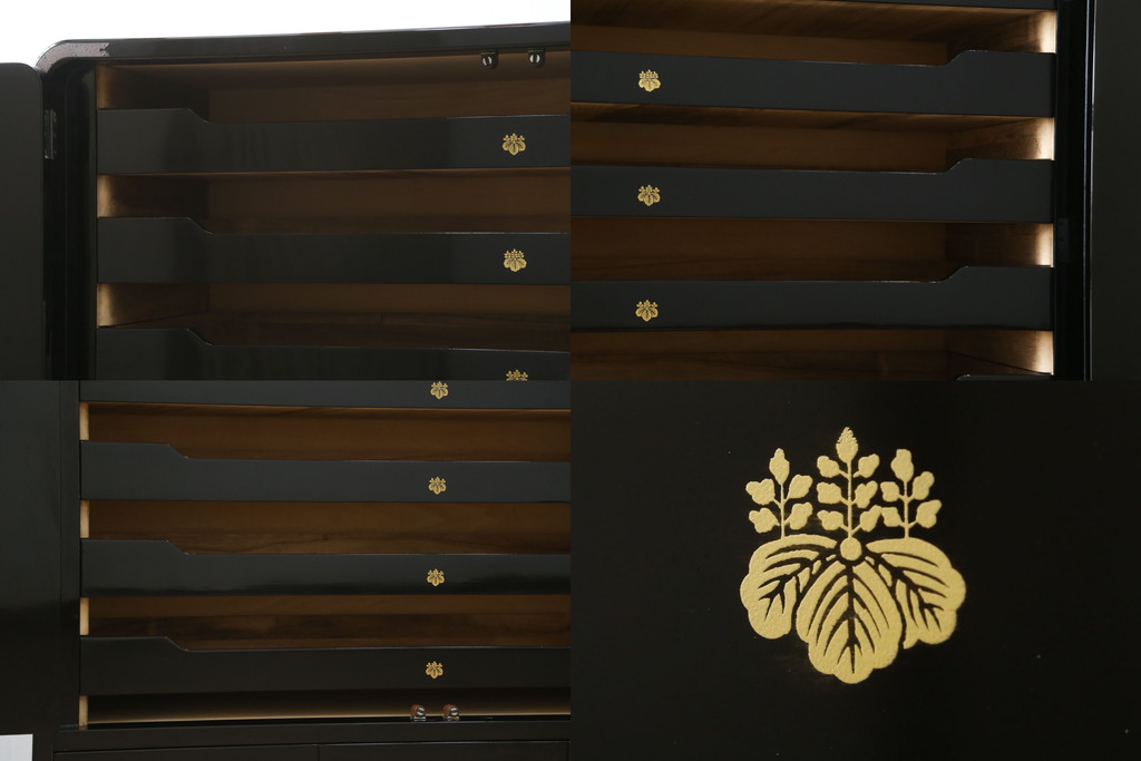 中古　香川漆器　蒔絵入り　黒漆塗り　梅の花の図柄がお部屋を華やかに彩る桐箪笥(桐たんす、着物箪笥、衣装箪笥、収納箪笥、引き出し)(定価推定約150万円)(R-077371)