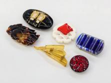 べっ甲(鼈甲)　螺鈿　色々な組合せが楽しめる帯留6点セット(瓢箪、ひょうたん、フクロウ、梟、波に千鳥、扇子、帯留め、着物道具、和装小物、アクセサリー)(R-081323)