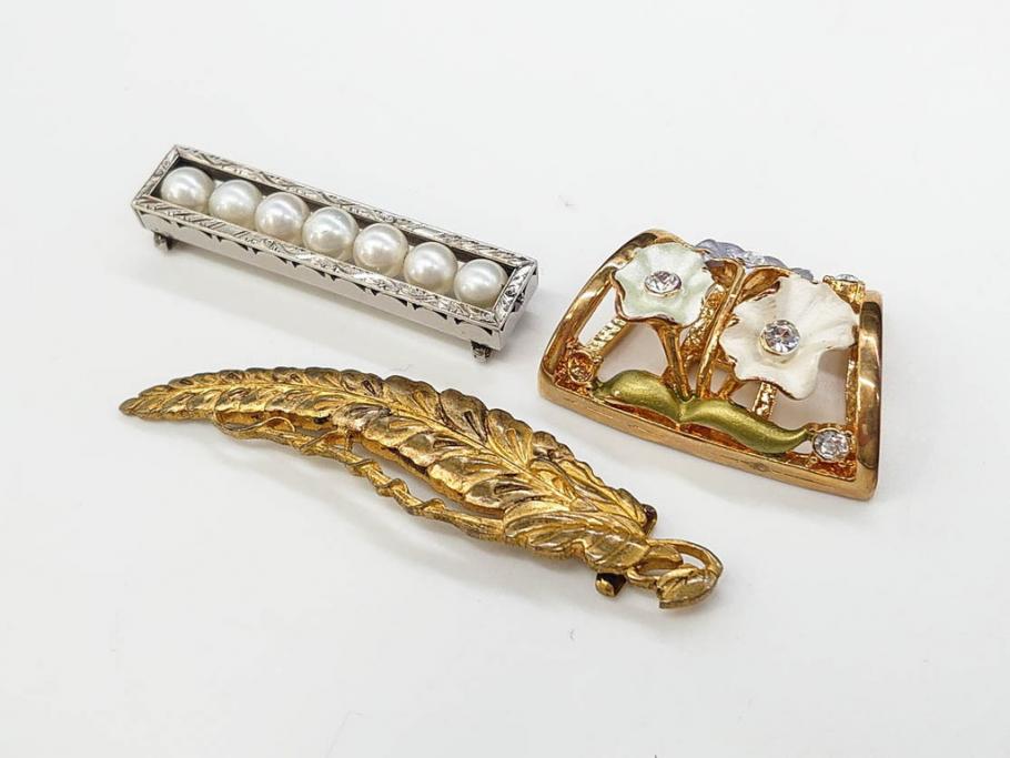 彫金　真珠　パール　SPM刻印　気品に満ちた帯留3点セット(藤?、花、帯留め、着物道具、和装小物、アクセサリー)(R-081322)　