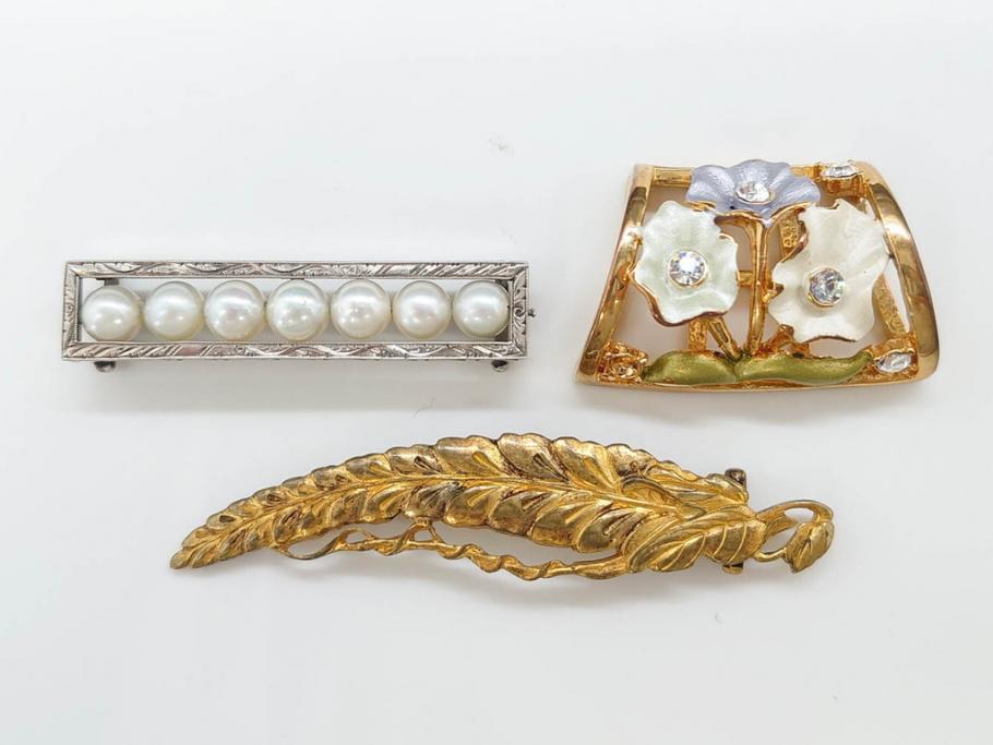 彫金　真珠　パール　SPM刻印　気品に満ちた帯留3点セット(藤?、花、帯留め、着物道具、和装小物、アクセサリー)(R-081322)　