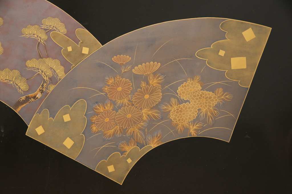 ビンテージ　輪島塗り　美しい扇の蒔絵が印象的な衝立て(仕切り、パーテーション、つい立て、ヴィンテージ)(R-057091)
