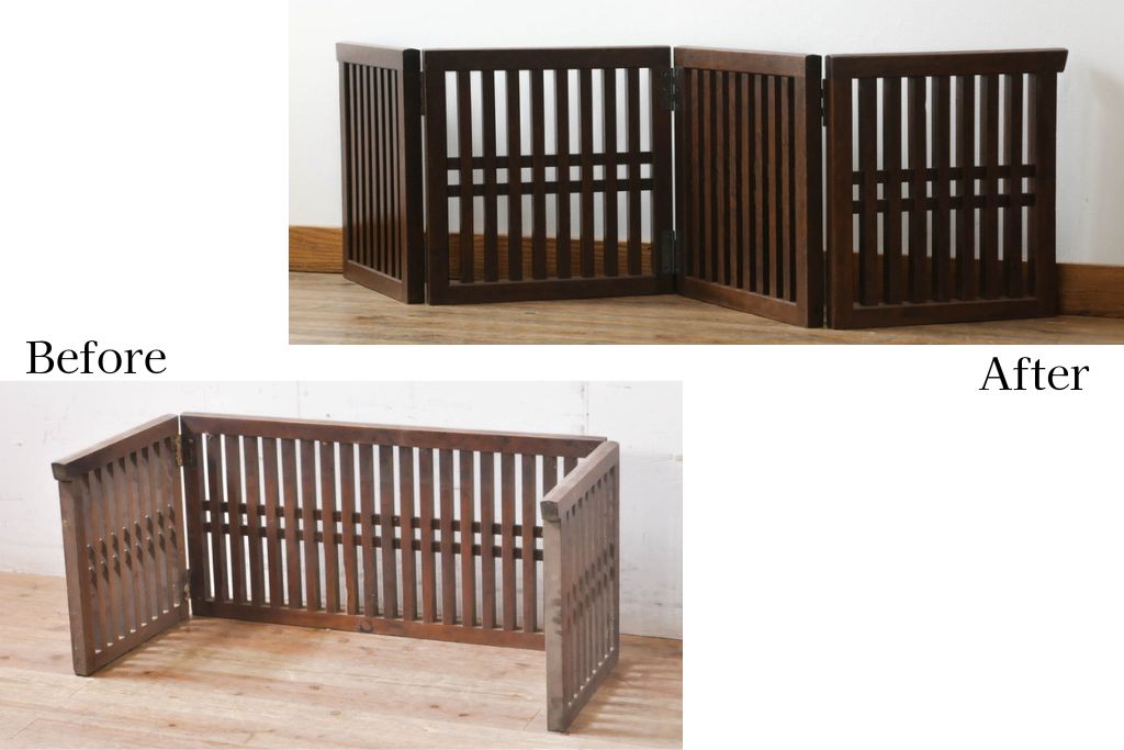 【セミオーダー家具実例】帳場格子に高品質リペアを施しました。中央部の格子を半分になるよう切断して3つ折りから4つ折りへ加工し、現状をベースに1トーン程落ち着いた色に着色して仕上げました。(パーテーション、衝立て、つい立て)