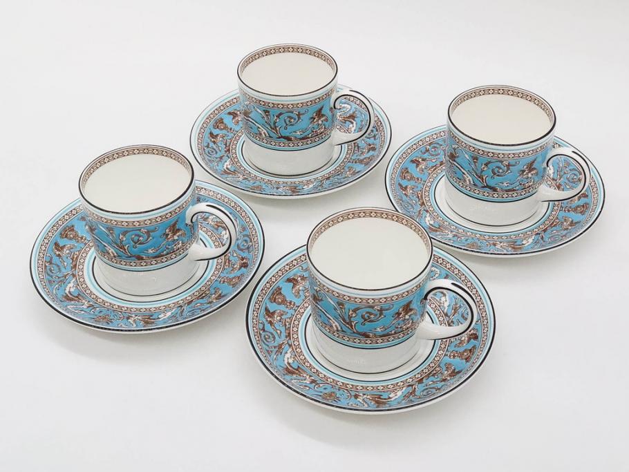 イギリス　WEDGWOOD(ウェッジウッド)　FLORENTINE TURQUOISE(フロレンティーン ターコイズ)　重厚感ある佇まいのコーヒーカップ&ソーサー4客セット(グロテスク文様、フルーツ、果物、C&S、洋食器、英国)(R-081216)