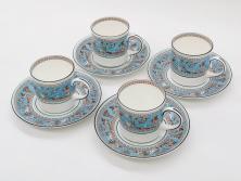 イギリス　WEDGWOOD(ウェッジウッド)　FLORENTINE TURQUOISE(フロレンティーン ターコイズ)　重厚感ある佇まいのコーヒーカップ&ソーサー4客セット(グロテスク文様、フルーツ、果物、C&S、洋食器、英国)(R-081216)
