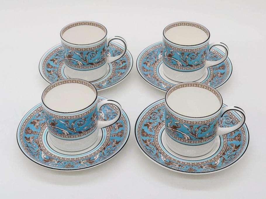イギリス　WEDGWOOD(ウェッジウッド)　FLORENTINE TURQUOISE(フロレンティーン ターコイズ)　重厚感ある佇まいのコーヒーカップ&ソーサー4客セット(グロテスク文様、フルーツ、果物、C&S、洋食器、英国)(R-081216)