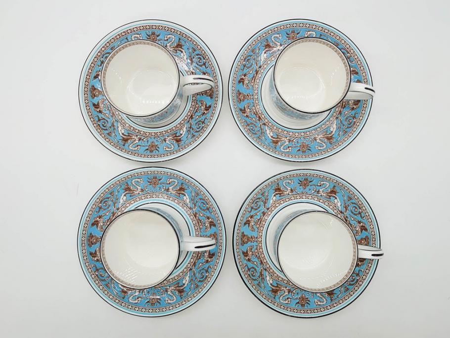 イギリス　WEDGWOOD(ウェッジウッド)　FLORENTINE TURQUOISE(フロレンティーン ターコイズ)　重厚感ある佇まいのコーヒーカップ&ソーサー4客セット(グロテスク文様、フルーツ、果物、C&S、洋食器、英国)(R-081216)