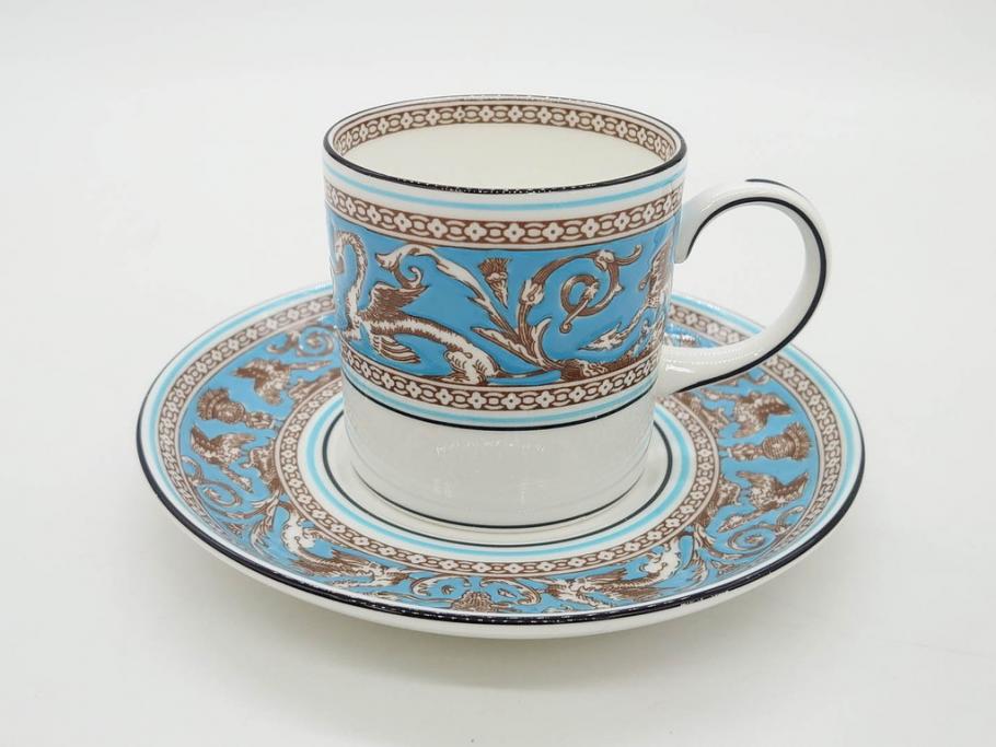 イギリス　WEDGWOOD(ウェッジウッド)　FLORENTINE TURQUOISE(フロレンティーン ターコイズ)　重厚感ある佇まいのコーヒーカップ&ソーサー4客セット(グロテスク文様、フルーツ、果物、C&S、洋食器、英国)(R-081216)