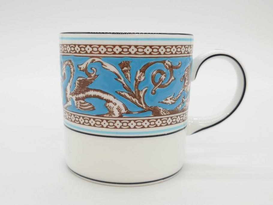イギリス　WEDGWOOD(ウェッジウッド)　FLORENTINE TURQUOISE(フロレンティーン ターコイズ)　重厚感ある佇まいのコーヒーカップ&ソーサー4客セット(グロテスク文様、フルーツ、果物、C&S、洋食器、英国)(R-081216)