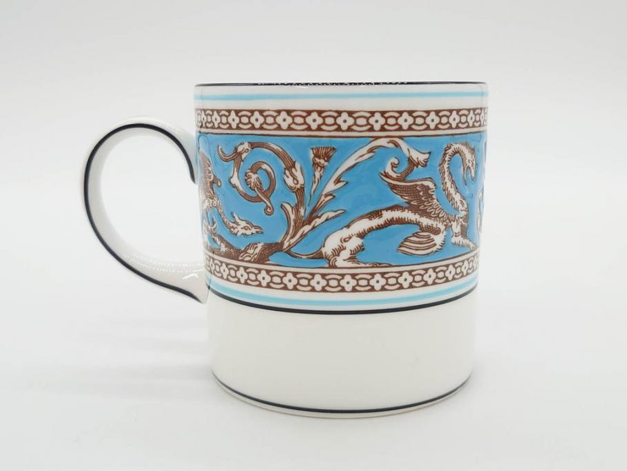 イギリス　WEDGWOOD(ウェッジウッド)　FLORENTINE TURQUOISE(フロレンティーン ターコイズ)　重厚感ある佇まいのコーヒーカップ&ソーサー4客セット(グロテスク文様、フルーツ、果物、C&S、洋食器、英国)(R-081216)
