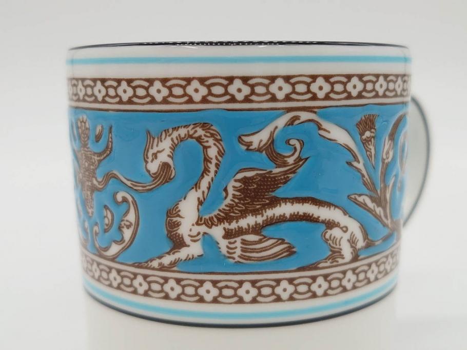 イギリス　WEDGWOOD(ウェッジウッド)　FLORENTINE TURQUOISE(フロレンティーン ターコイズ)　重厚感ある佇まいのコーヒーカップ&ソーサー4客セット(グロテスク文様、フルーツ、果物、C&S、洋食器、英国)(R-081216)
