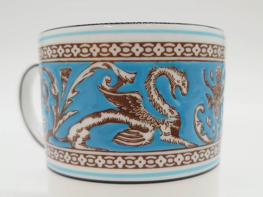 イギリス　WEDGWOOD(ウェッジウッド)　FLORENTINE TURQUOISE(フロレンティーン ターコイズ)　重厚感ある佇まいのコーヒーカップ&ソーサー4客セット(グロテスク文様、フルーツ、果物、C&S、洋食器、英国)(R-081216)