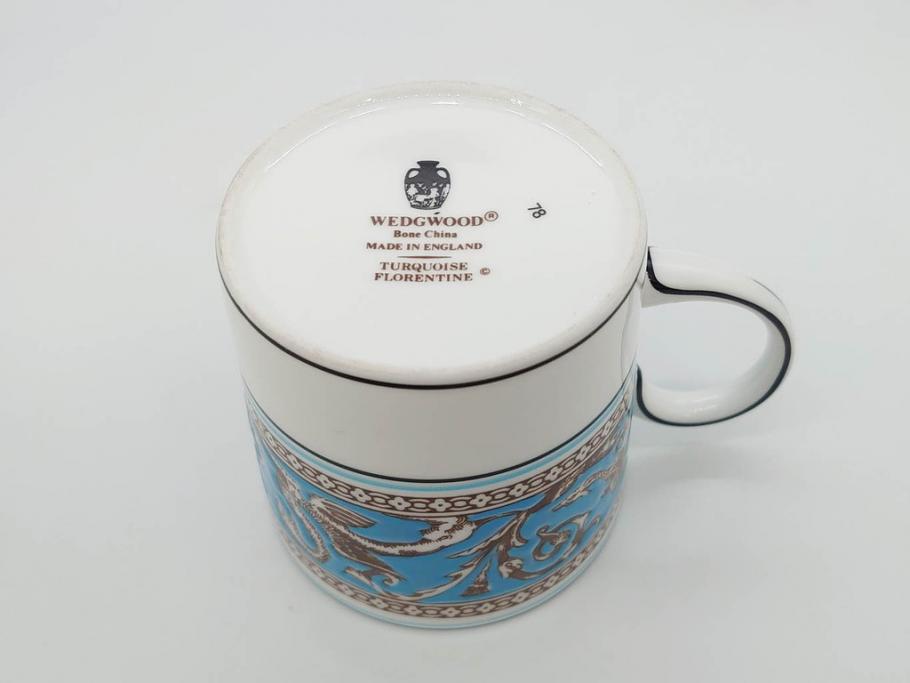 イギリス　WEDGWOOD(ウェッジウッド)　FLORENTINE TURQUOISE(フロレンティーン ターコイズ)　重厚感ある佇まいのコーヒーカップ&ソーサー4客セット(グロテスク文様、フルーツ、果物、C&S、洋食器、英国)(R-081216)