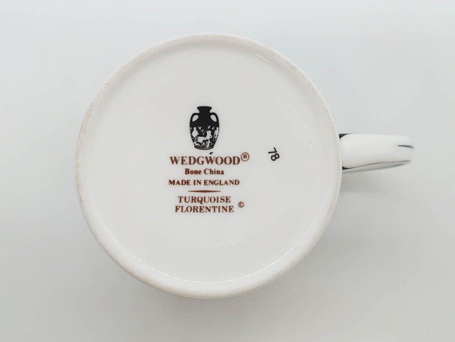 イギリス　WEDGWOOD(ウェッジウッド)　FLORENTINE TURQUOISE(フロレンティーン ターコイズ)　重厚感ある佇まいのコーヒーカップ&ソーサー4客セット(グロテスク文様、フルーツ、果物、C&S、洋食器、英国)(R-081216)