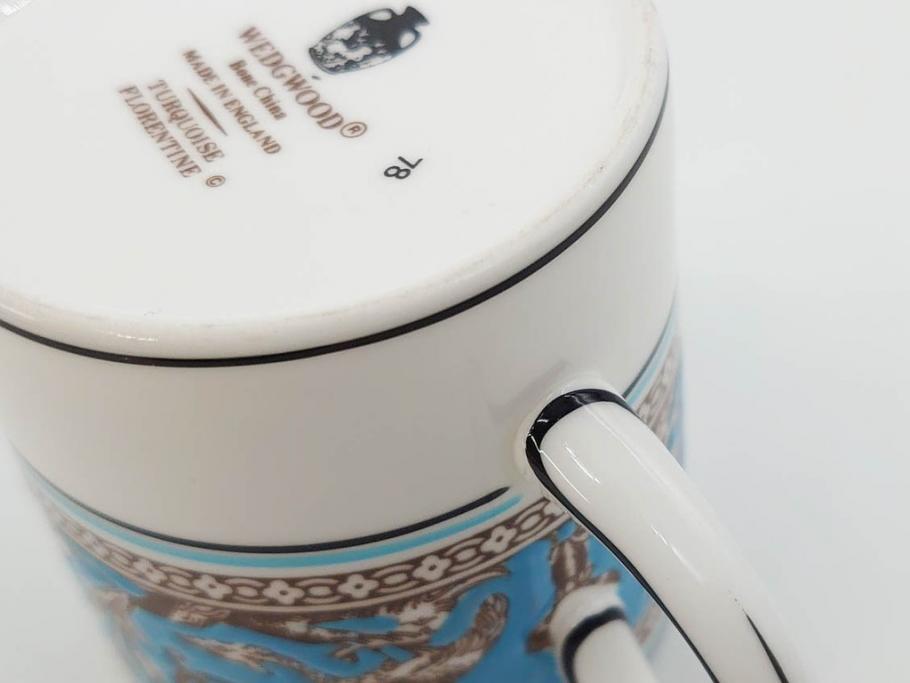イギリス　WEDGWOOD(ウェッジウッド)　FLORENTINE TURQUOISE(フロレンティーン ターコイズ)　重厚感ある佇まいのコーヒーカップ&ソーサー4客セット(グロテスク文様、フルーツ、果物、C&S、洋食器、英国)(R-081216)